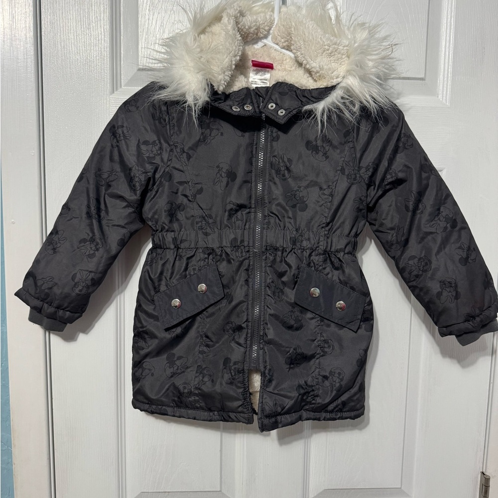 Minnie Mouse Black Puffer Jacket Coat Faux White Fur Hood
